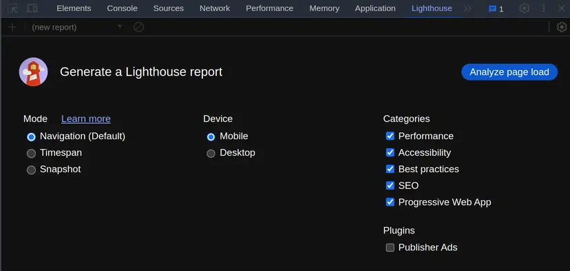 Google Chrome Dev Toolbar Menu with Lighthouse